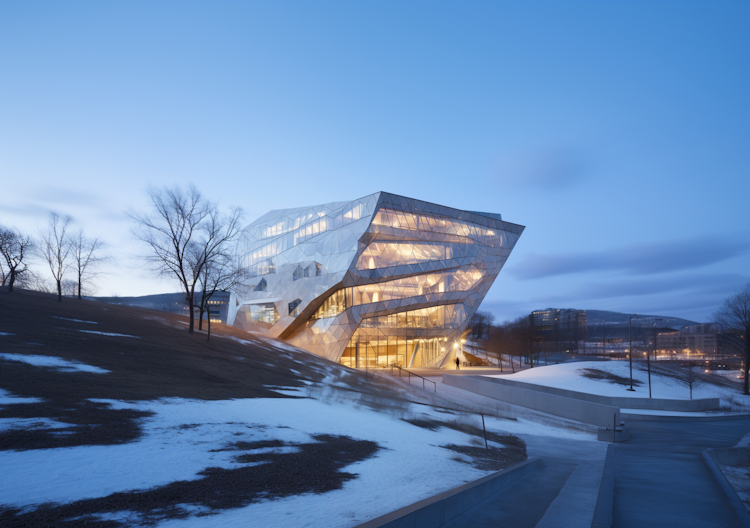 A futuristic glass building in the winter