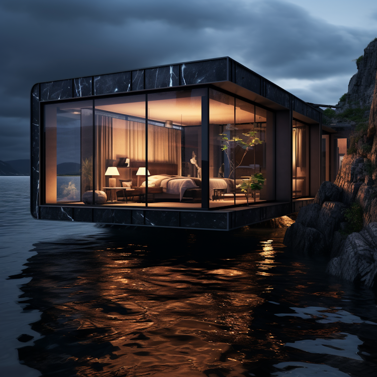 Black rock house floating on water