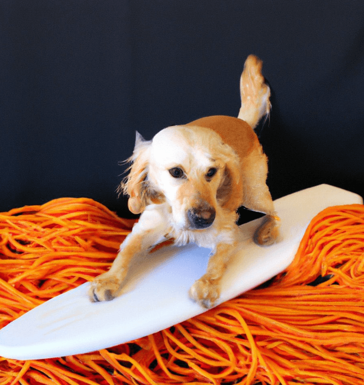 Perro surfeando sobre una ola de espaguetis