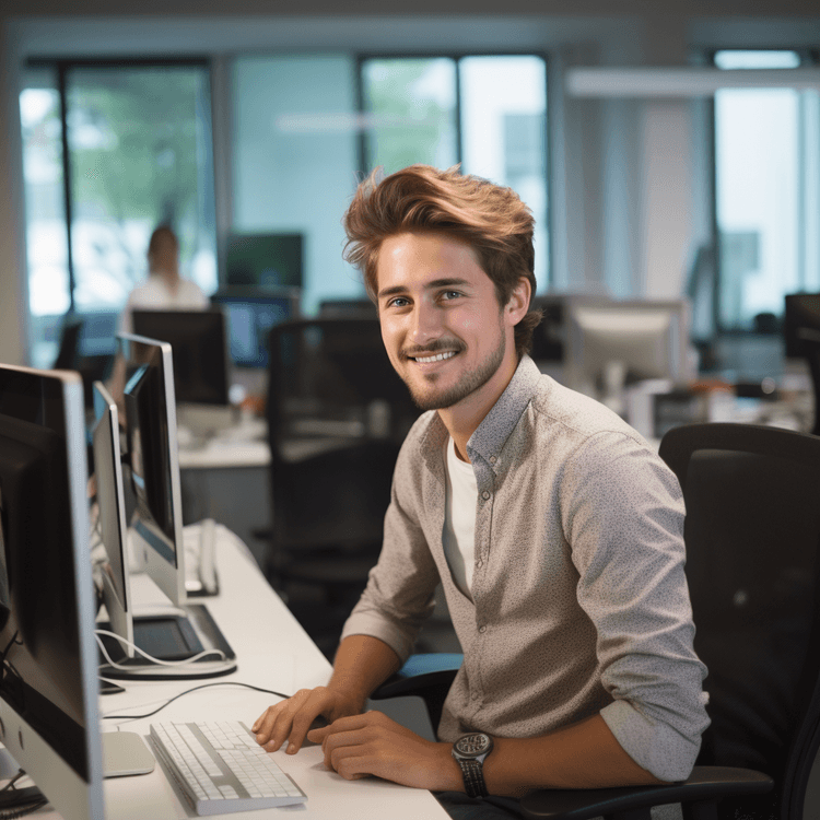 Stock photograph of a young man working