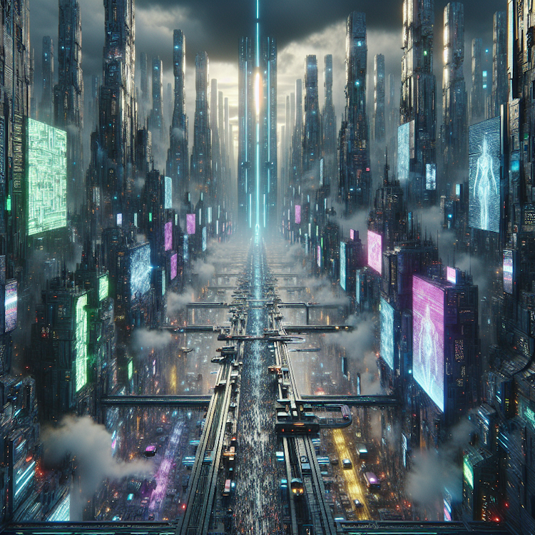Um plano aéreo cinemático e amplo de uma megalópole futurista, inspirada no cyberpunk