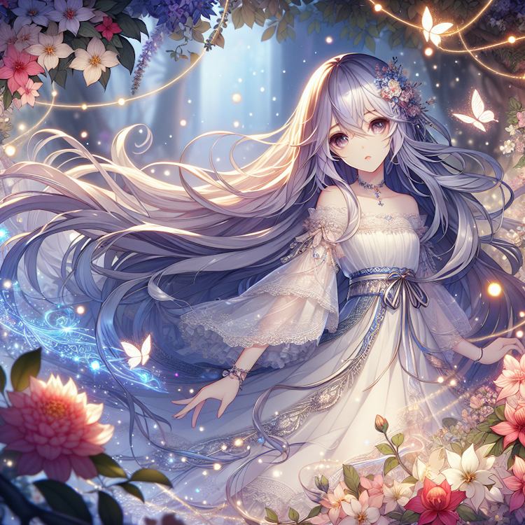 Whimsical, fairy-tale inspired anime girl with long, flowing silver hair surrounded by magical elements