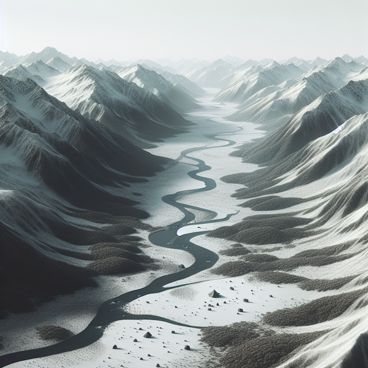 A minimalistic aerial view of a remote, mountainous landscape