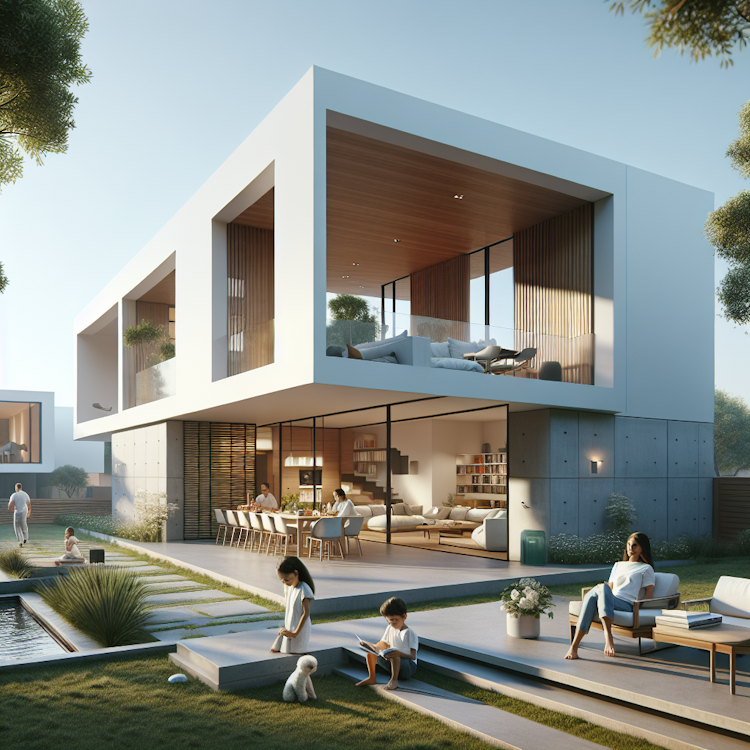 Meticulously detailed, photorealistic rendering of a minimalist, contemporary home