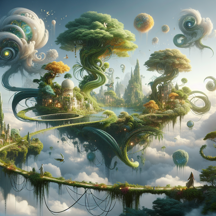 Una ilustración digital caprichosa y surrealista de una isla flotante e inspirada en la naturaleza