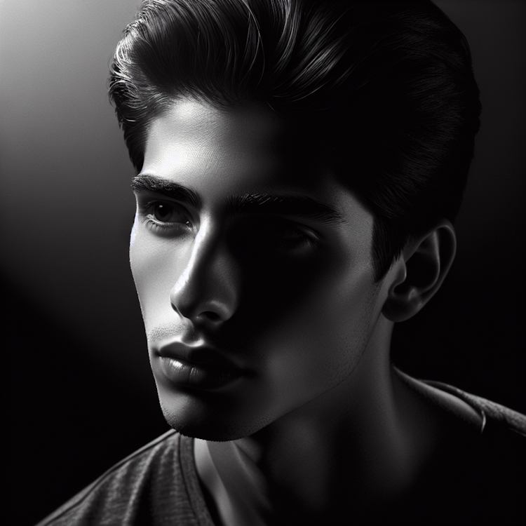 A cinematic, high-contrast black-and-white portrait of a pensive, introspective young man