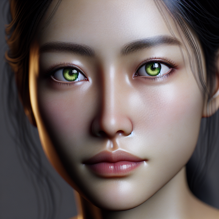 Retrato digital fotorrealista de una mujer pensativa y reflexiva con ojos verdes impresionantes