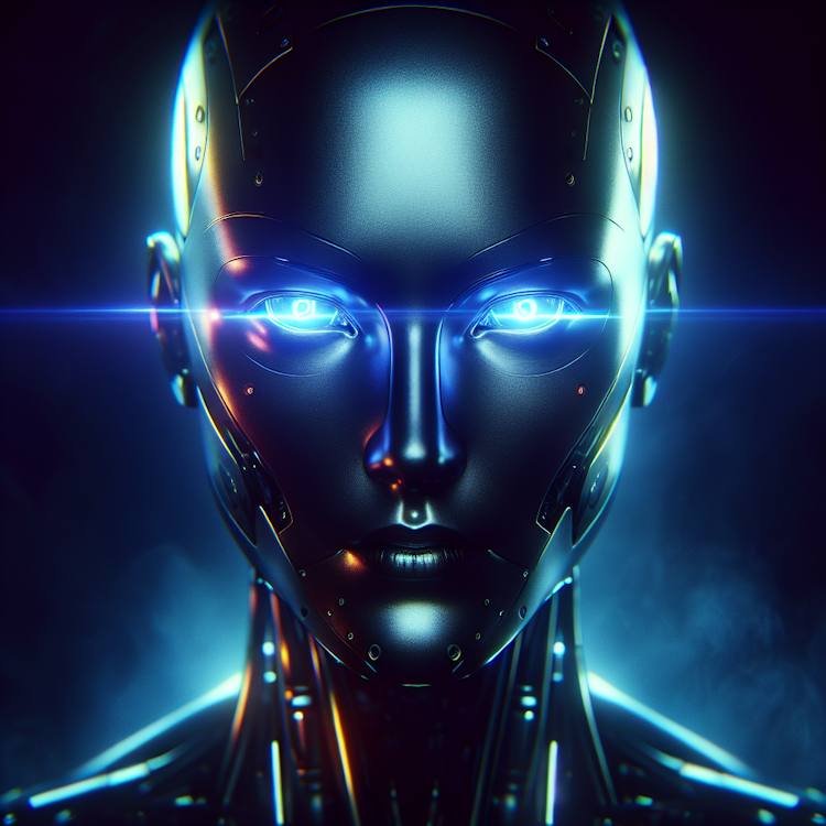 Retrato cinemático y dramático de un androide inspirado en el cyberpunk con ojos brillantes de azul neón