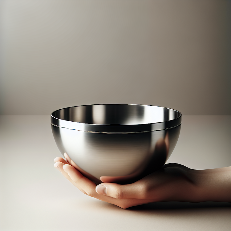 A minimalist, digital photograph of a modern, sleek stainless steel food bowl against a plain background