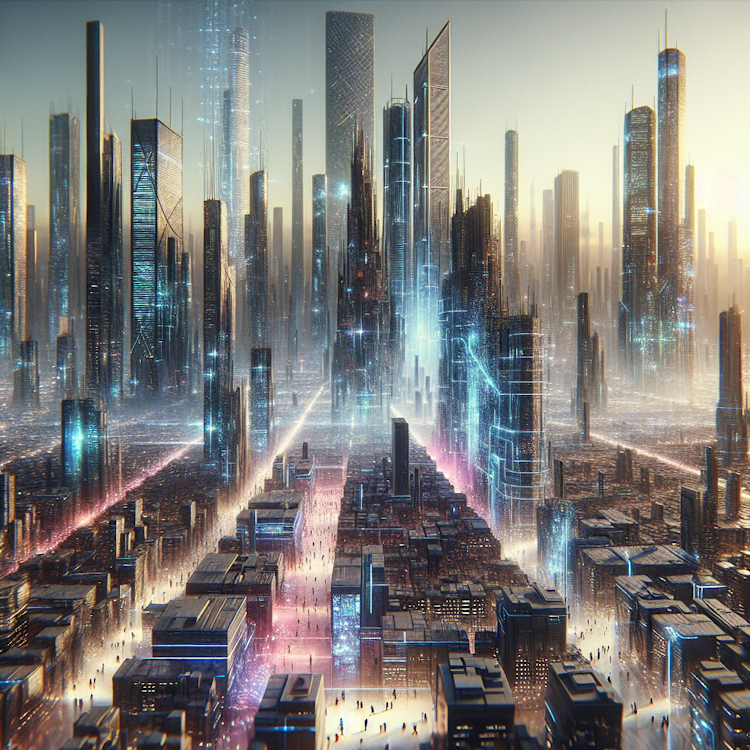Uma tomada aérea cinematográfica e ampla de uma megacidade futurista e inspirada no cyberpunk