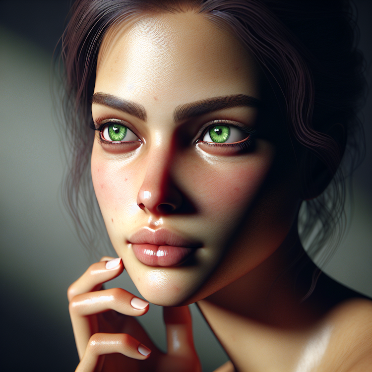 Hyper-realistic digital portrait of a pensive, thoughtful woman with striking green eyes
