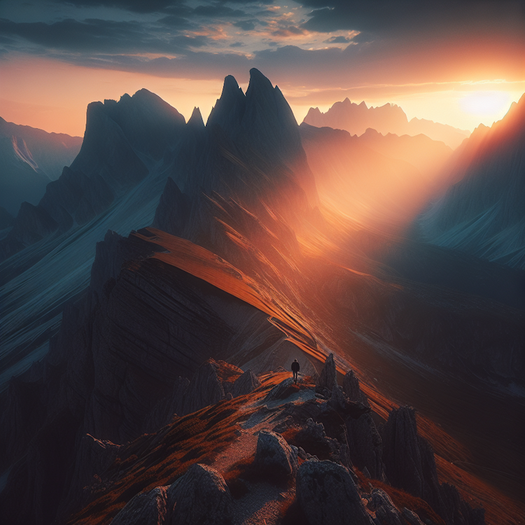 A cinematic, wide-angle photograph of a breathtaking mountain landscape at sunrise