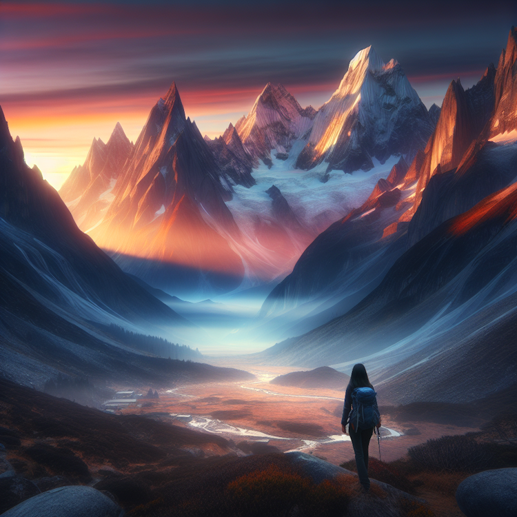 Uma fotografia cinematográfica e de ângulo amplo de uma paisagem de montanha deslumbrante ao amanhecer