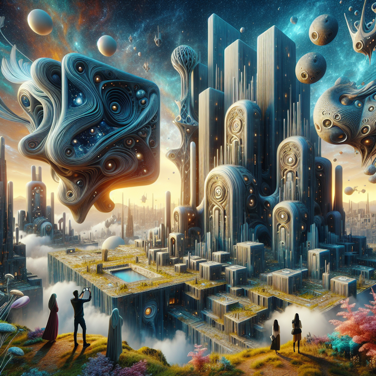 Surreal, fantastical cityscape with imaginative, otherworldly architecture