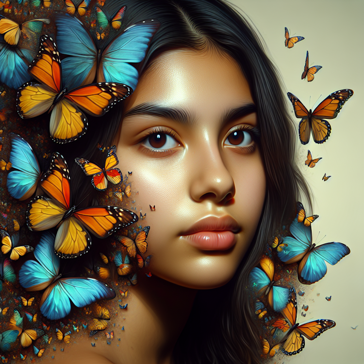 Retrato fantasioso y surrealista de una joven con mariposas emergiendo de su rostro