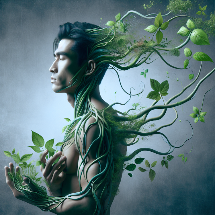 A modern surrealist portrait photograph of a figure with organic, plant-like growths
