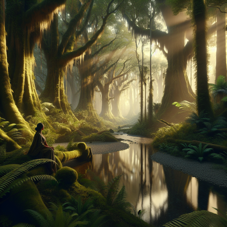 Uma paisagem serena e fotorrealista de uma floresta antiga e exuberante, com árvores majestosas e um riacho tranquilo