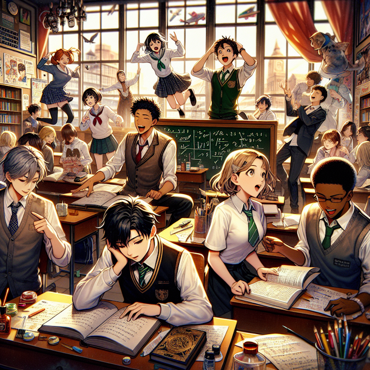 Una escena cinematográfica inspirada en anime de un grupo de estudiantes de secundaria diversos