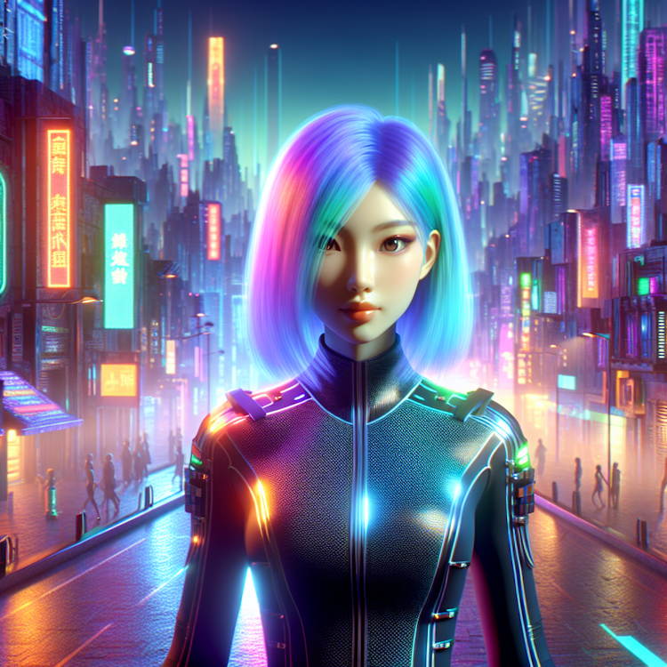 Render hiper-realista e cinemático de uma garota de estilo anime em um cenário ciberpunk futurista iluminado a néon