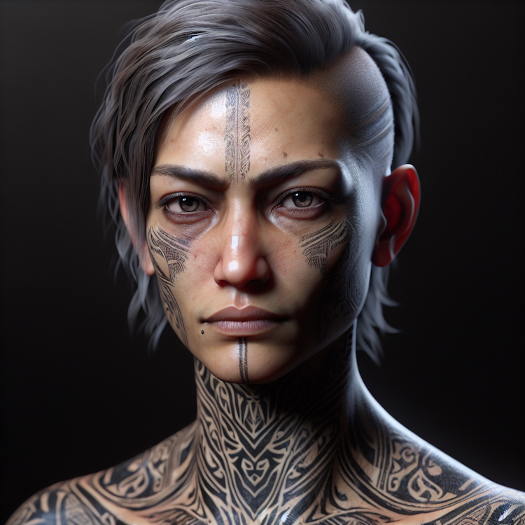Photorealistic digital portrait of a stoic, battle-hardened warrior with intricate tribal tattoos