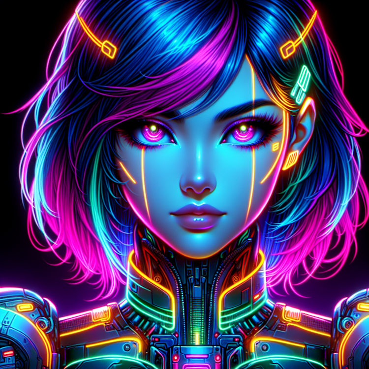 Vibrant, neon-infused anime-style portrait of a futuristic female character