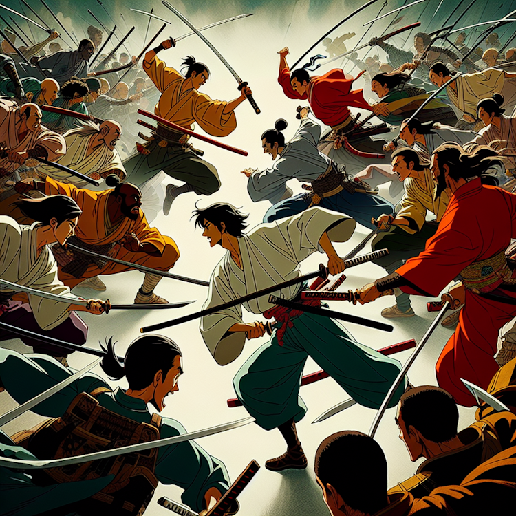 Colorful, dynamic anime-style action scene with sword-wielding characters