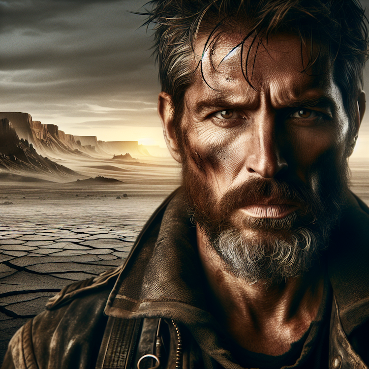 A cinematic, high-contrast portrait of a rugged, weathered explorer in a barren, post-apocalyptic landscape