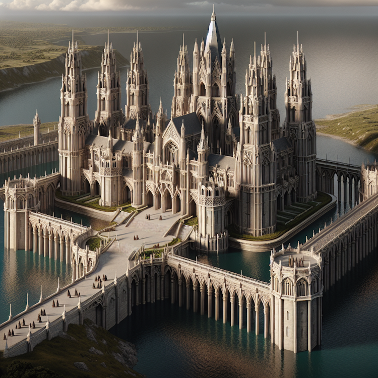 A cinematic, sweeping aerial shot of a grand, neo-Gothic castle
