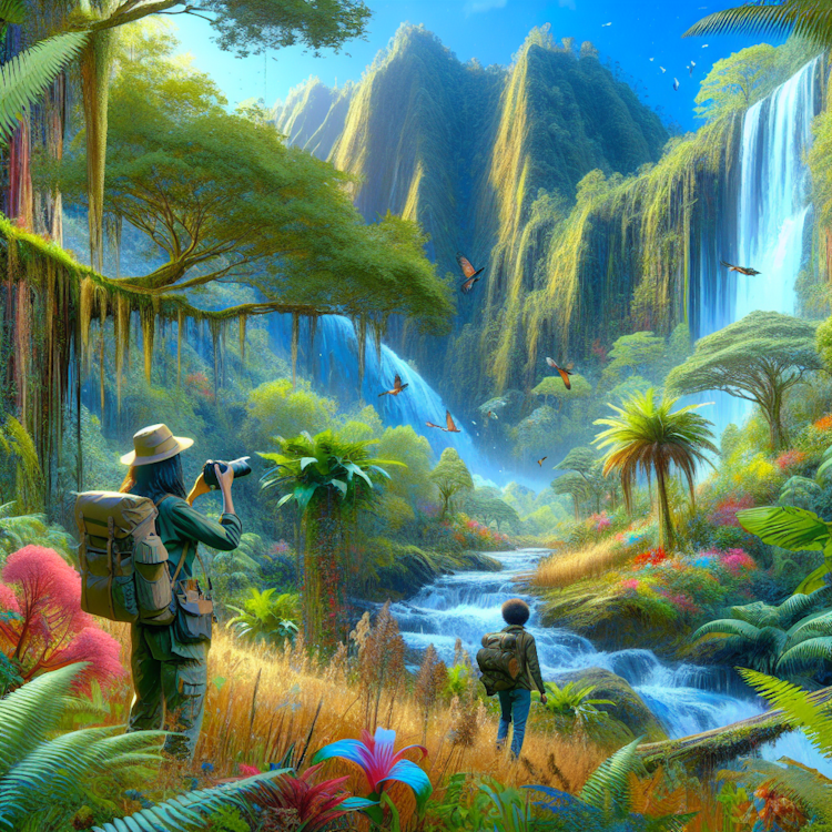 A vibrant, digital landscape painting of a lush, tropical rainforest