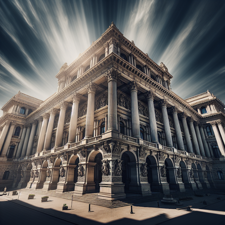 Una fotografía cinematográfica en gran angular de un majestuoso edificio gubernamental neoclásico