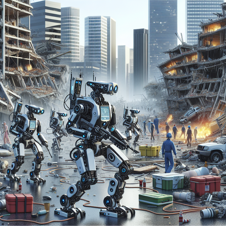 A team of rescue robots navigating a disaster-stricken cityscape