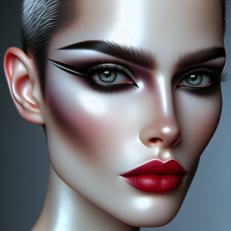 Um retrato digital fotorrealista de um modelo andrógino e marcante com maquiagem dramática e audaciosa