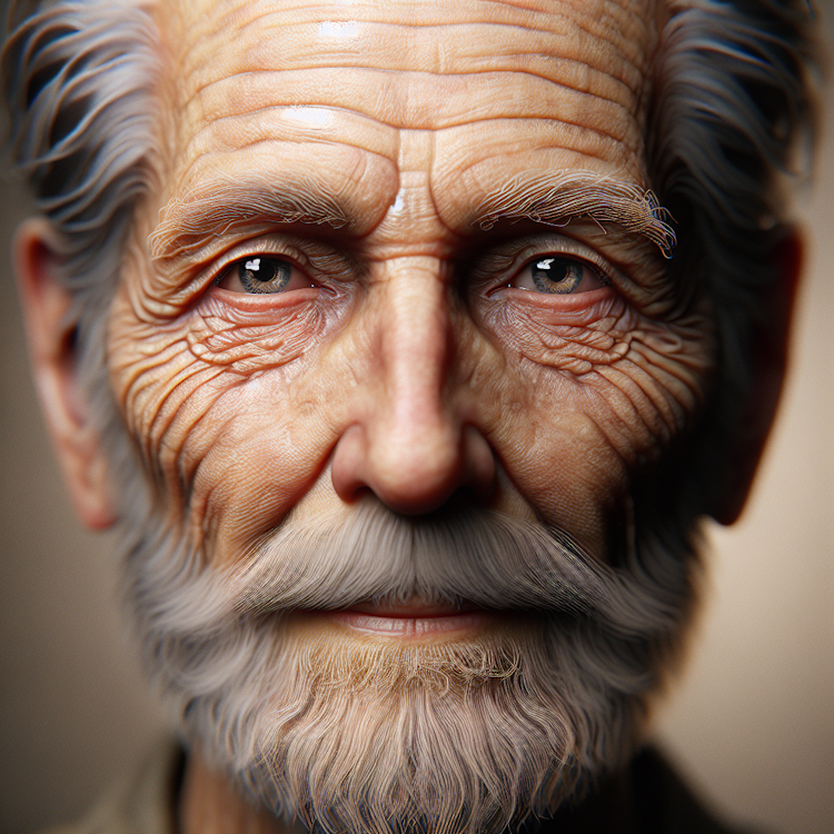 Um retrato digital hiper-realista de um homem idoso, pensativo, com feições envelhecidas e gentis