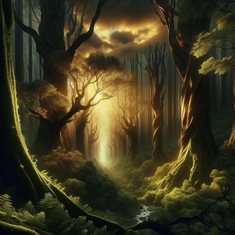 Sombrio, cena florestal atmosférica com raios de luz filtrados pela copa das árvores