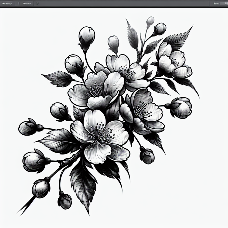 A digital sketch of a detailed Japanese-inspired cherry blossom tattoo design