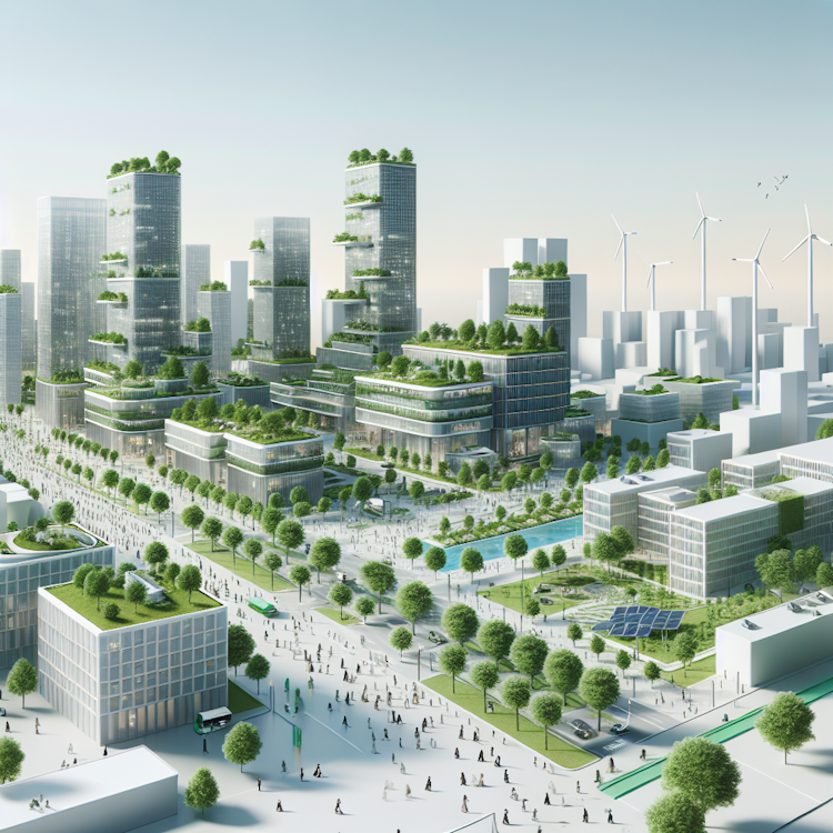 Una ilustración de paisaje minimalista y conceptual de una ciudad futurista y ecológica