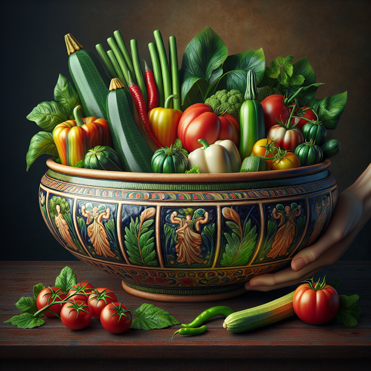 A realistic still life painting of an ornate ceramic food bowl filled with fresh, vibrant vegetables
