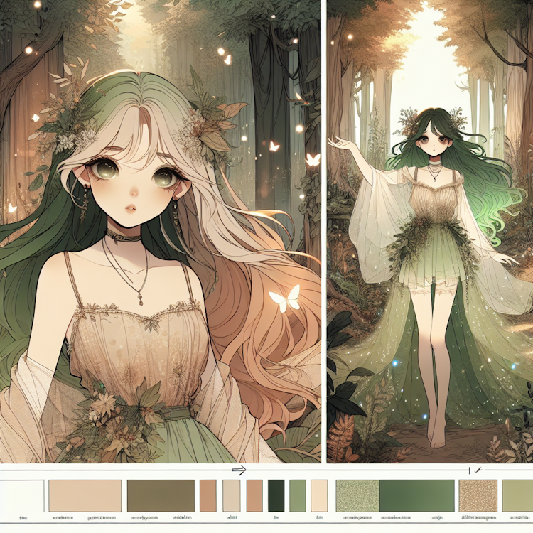 A whimsical, storybook-inspired digital illustration of an anime-style girl with a nature-based, fairy-like aesthetic