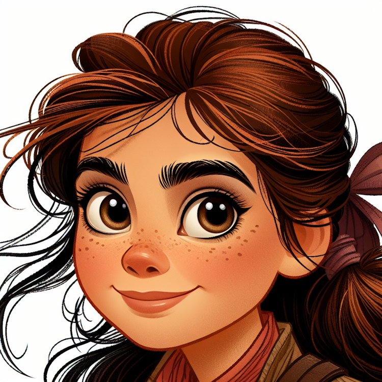 Whimsical, illustrated portrait of a young, adventure-seeking girl with a mischievous glint in her eye