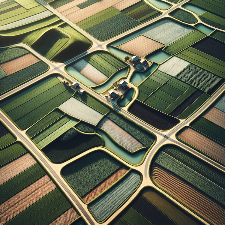 A minimalistic aerial photograph of a serene, geometric farmland