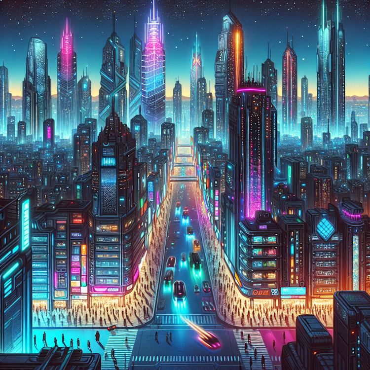 Um plano cinematográfico e panorâmico de uma cidade futurista e inspirada no cyberpunk à noite