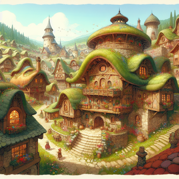 Uma ilustração digital vibrante de uma vila bucólica e cheia de fantasia, com arquitetura orgânica e brincalhona