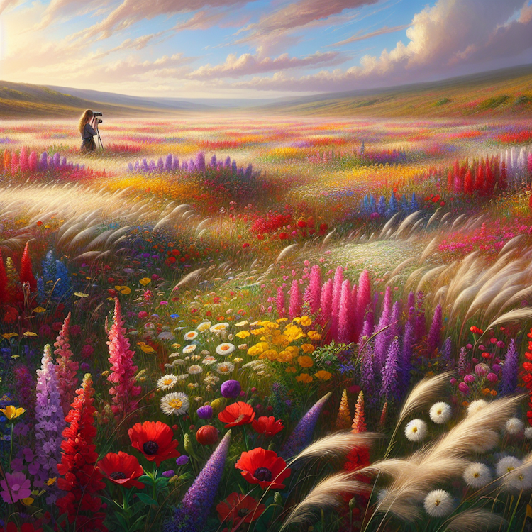 A vibrant, digital painting of a flowering meadow in springtime, with a profusion of colorful wildflowers