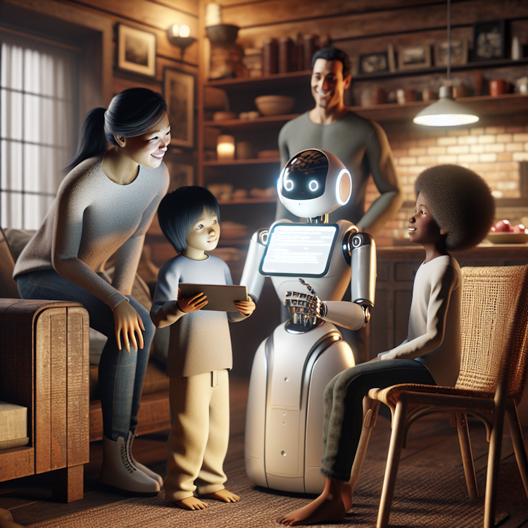Um assistente robótico humanóide fotorrealista interagindo com uma família em um lar aconchegante e caloroso