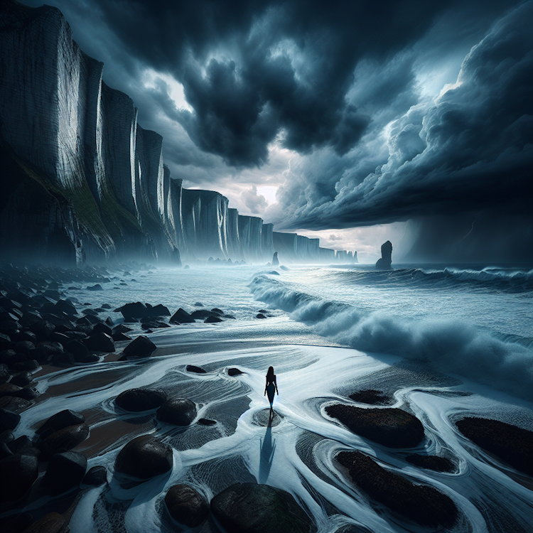A cinematic, wide-angle photograph of a dramatic, storm-swept coastal landscape