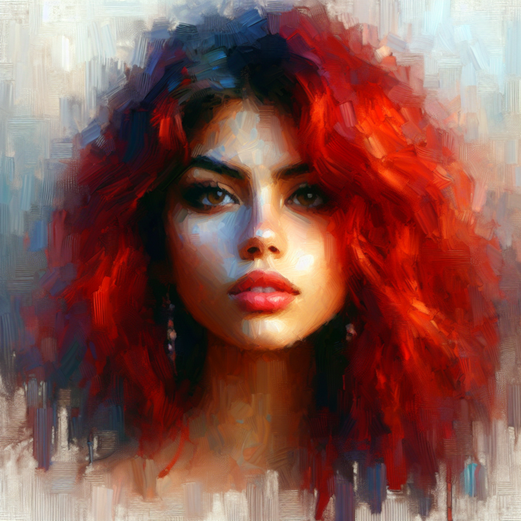 Um retrato impressionista e pintado de uma jovem mulher com cabelos ruivos vibrantes e brilhantes