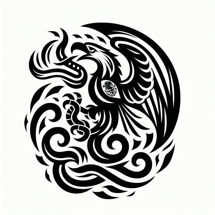 A digital illustration of a bold, minimalist Chicano-style tattoo design featuring a powerful, stylized depiction of the Mexican national emblem - the eagle devouring a serpent