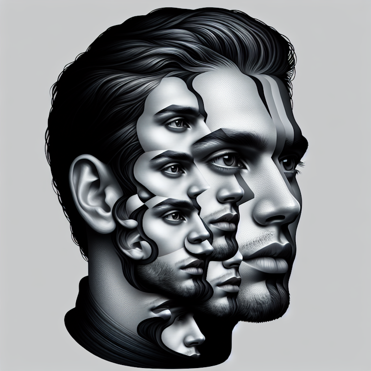 A modern surrealist portrait photograph of a person with multiple, disjointed faces