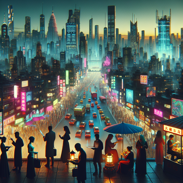 Um plano cinematográfico e grandioso de uma cidade futurista e inspirada no cyberpunk à noite
