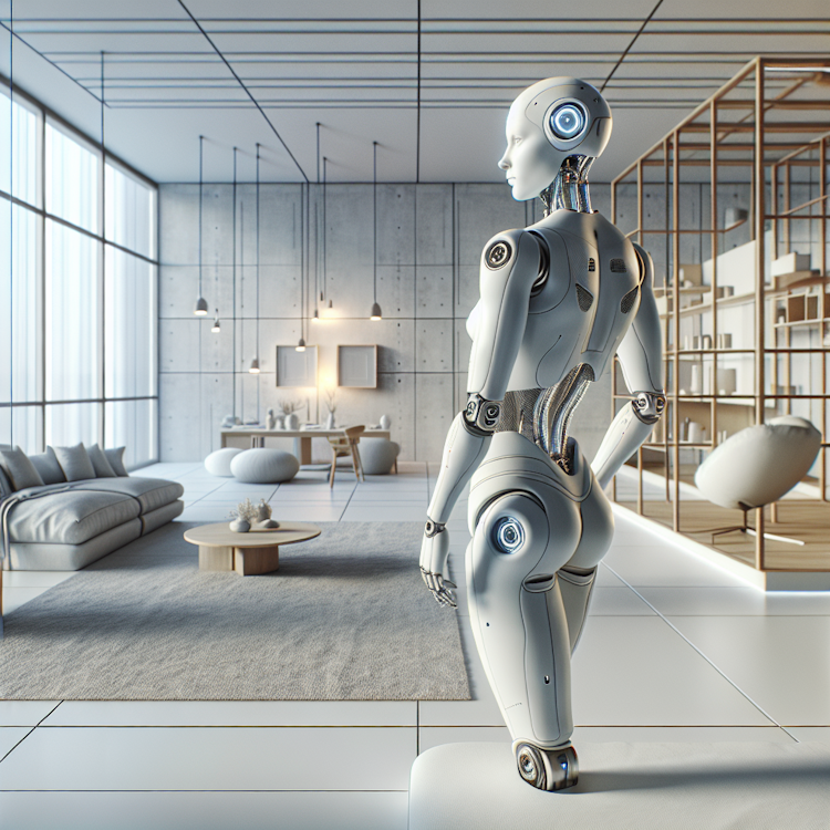 Uma renderização 3D altamente detalhada de um robô humanóide avançado e realista com pele, cabelo e recursos faciais realistas, em pé em uma sala de estar minimalista e futurista